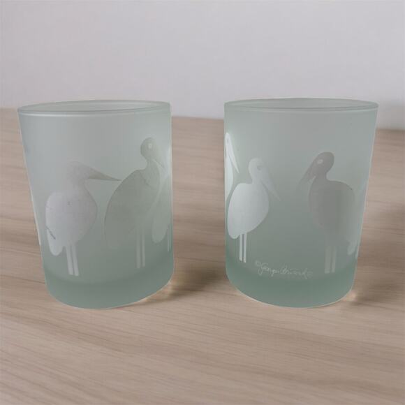 George Briard Set 2 Frosted Glass Crane Bird Lowball Barware Glasses Drink READ - Picture 2 of 8